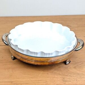 FB Rogers Silver Plated Footed Casserole Carrier with White Ceramic Fluted Dish